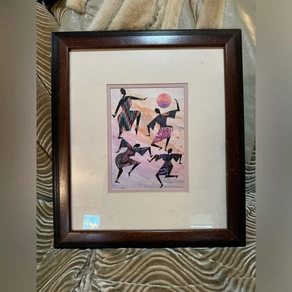 Vintage Edward Halessie Framed Lithograph Celebration Print 17x15 Africa Art